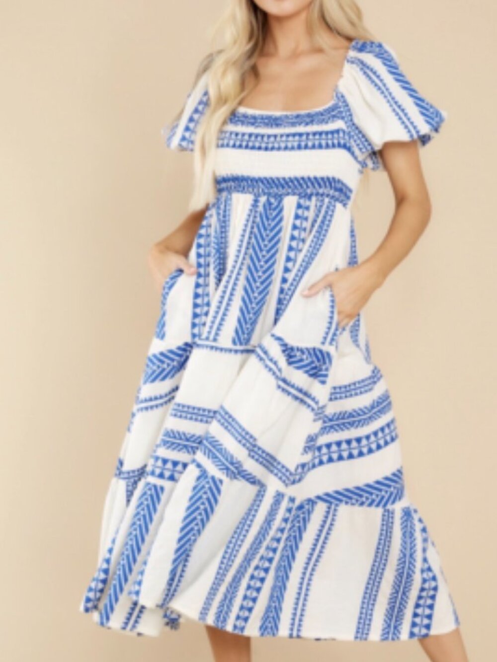 Sofia Cabo Smocked midi Dress w/Blue and White jacquard embroidery, S-M